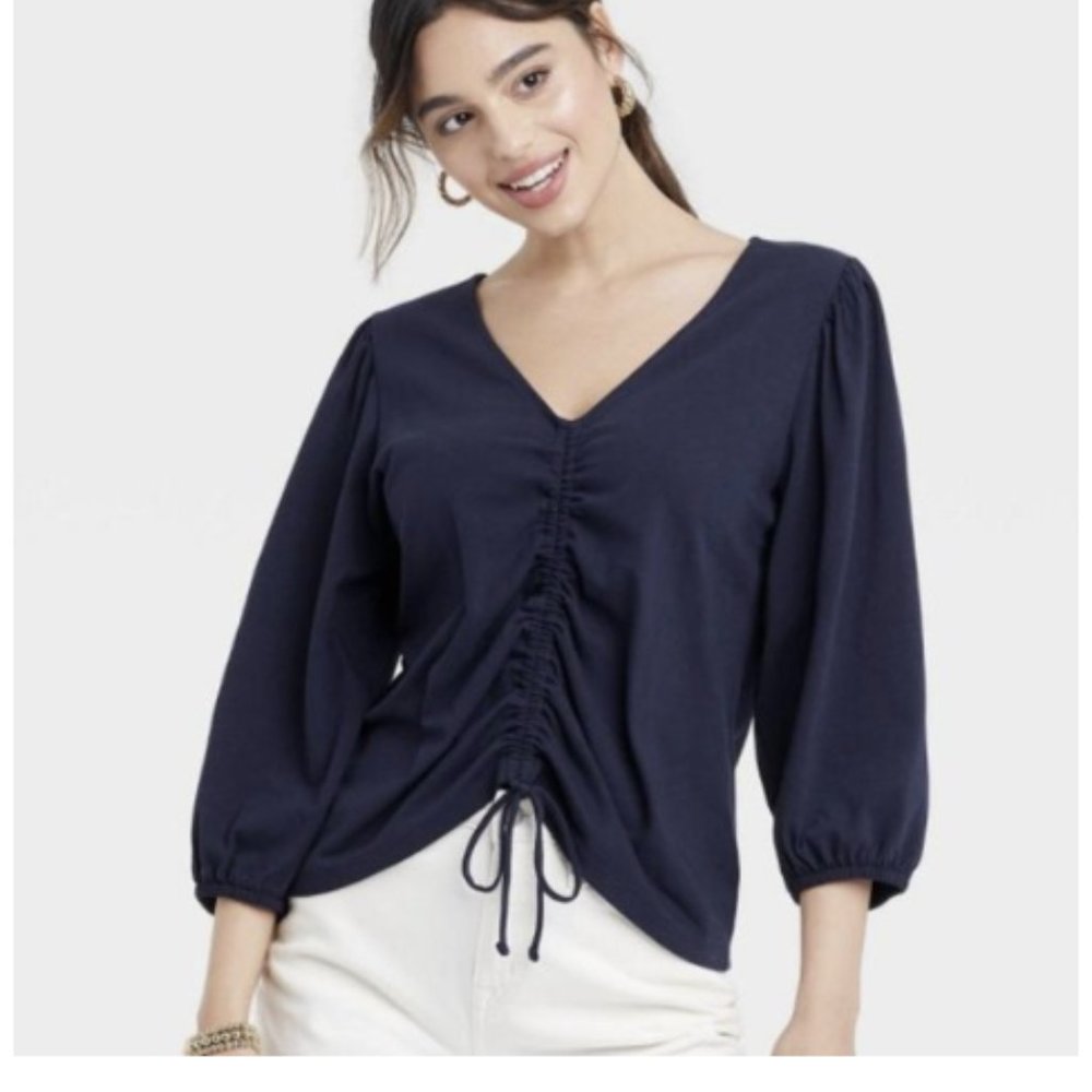 A New Day Puff Sleeve Top With Ruched Drawstring Front XS